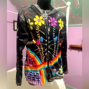 Boho Colorful Handmade 100% cotton Hoodie black tie-dye and colorful embroidery
